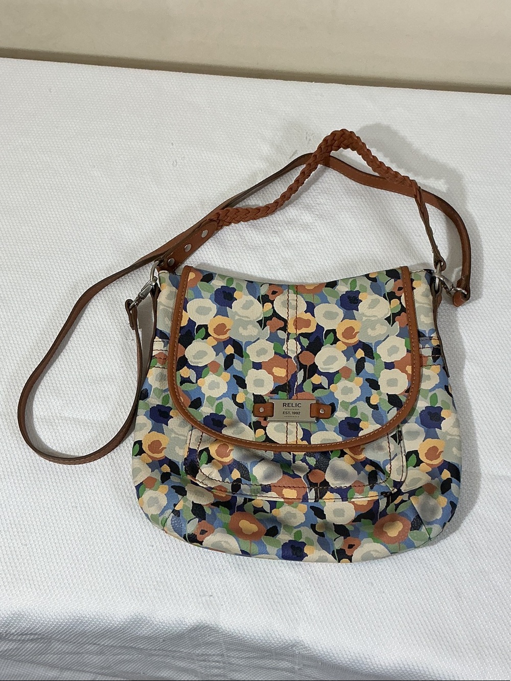Relic Floral Vegan Leather Crossbody with Brown Trim